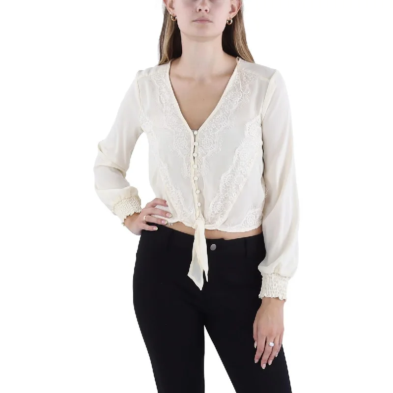 Self E Womens Lace Shirt Blouse Chic Button-Up Short Shirt