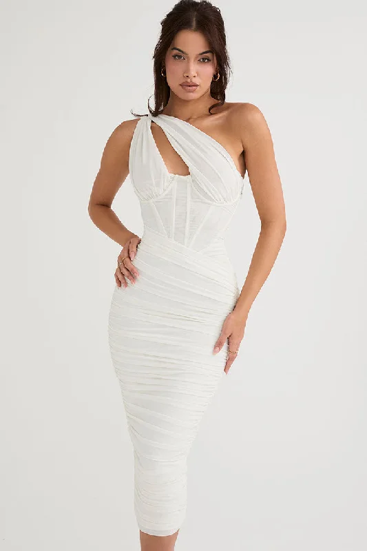 Sexy Cutout One Shoulder Ruched Bodycon Mesh Corset Midi Dress - White Cozy T-shirt Midi Dress