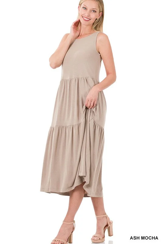 Sleeveless Tiered Midi Dress Trendy Ruched Side Midi Dress