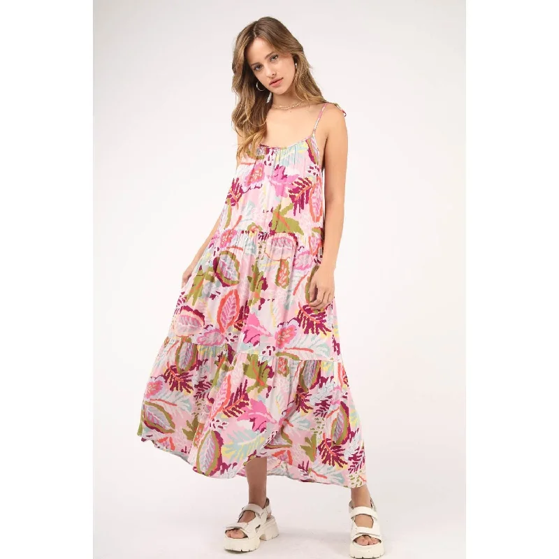 Sleeveless Tropical Printed Summer Midi Dress, Pink Mix Fashionable Fitted Midi Dress