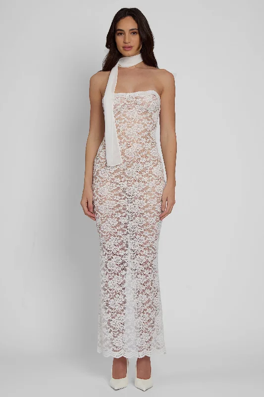 Soleil Scalloped Lace Midi Dress - White Elegant Maxi-Midi Hybrid Dress