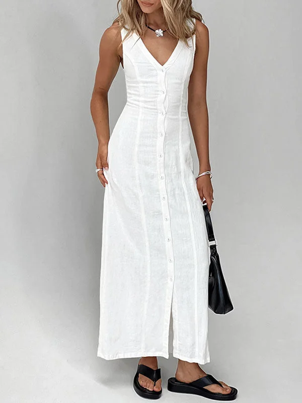 Solid Color Button Down White Midi Dress Elegant Maxi-Midi Hybrid Dress