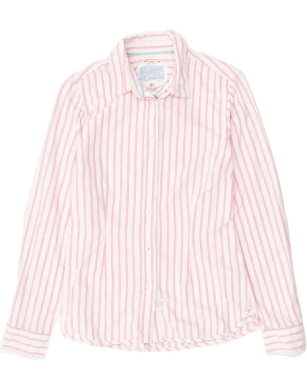 SUPERDRY Womens Shirt UK 8 Small Pink Striped Cotton Chic V-Neck Short Blouse