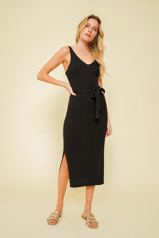 Tank Rib Side Slit Midi Dress Comfortable Fit-and-Flare Midi Dress