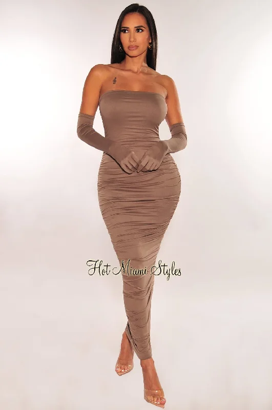 Taupe Strapless Scrunch Butt Midi Dress + Gloves Comfortable Ruched Midi Dress