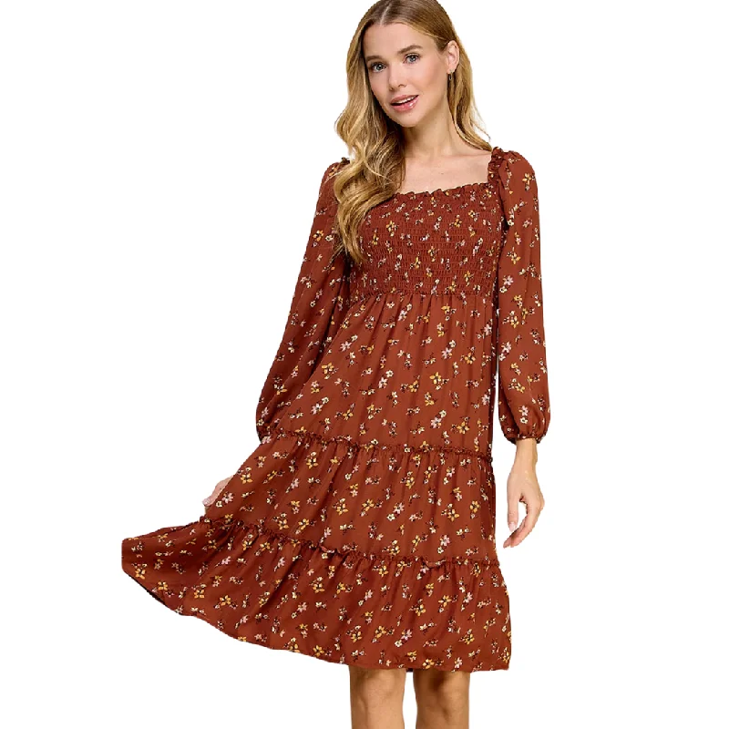 Floral Tiered Long Sleeve Midi Dress Cozy Midi Dress with Pockets