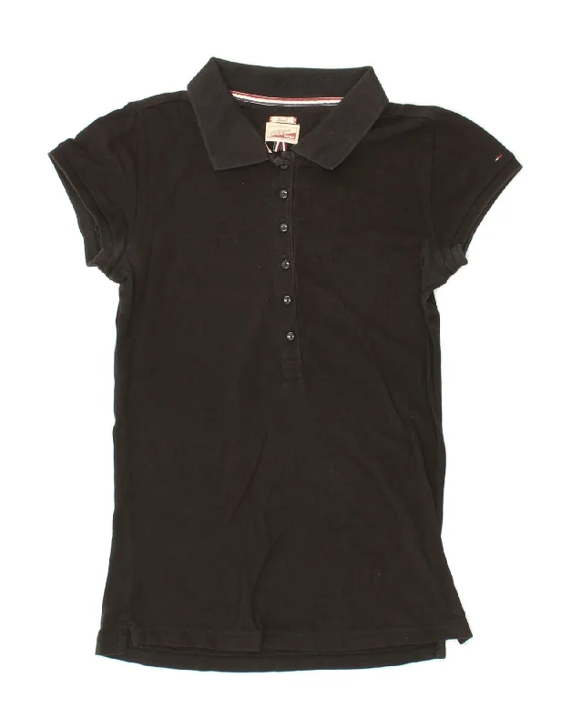 TOMMY HILFIGER Womens Polo Shirt UK 10 Small Black Cotton Elegant Draped Short Shirt