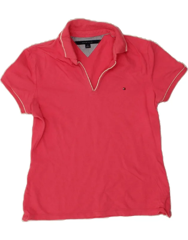 TOMMY HILFIGER Womens Polo Shirt UK 12 Medium Pink Cotton Relaxed Button-Down Short Shirt