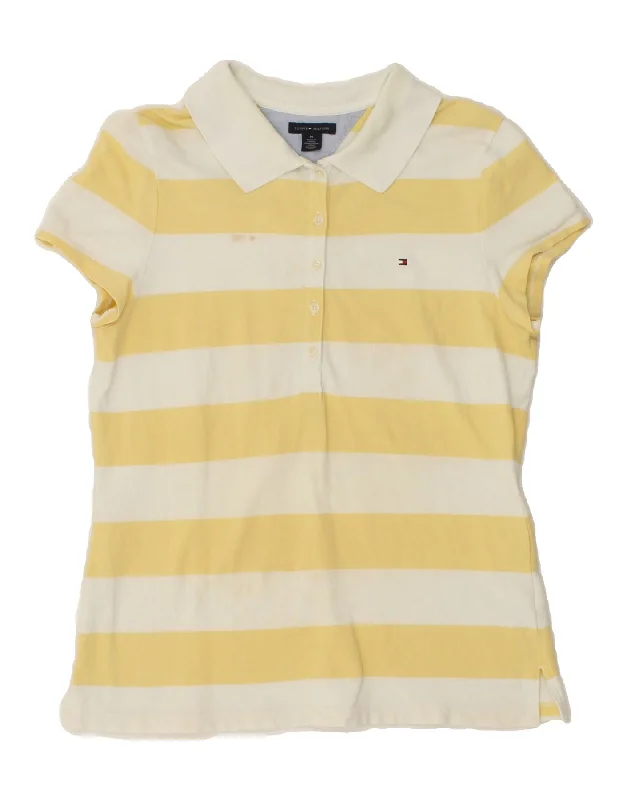 TOMMY HILFIGER Womens Polo Shirt UK 12 Medium Yellow Striped Cotton Stylish Short Sleeve Polo