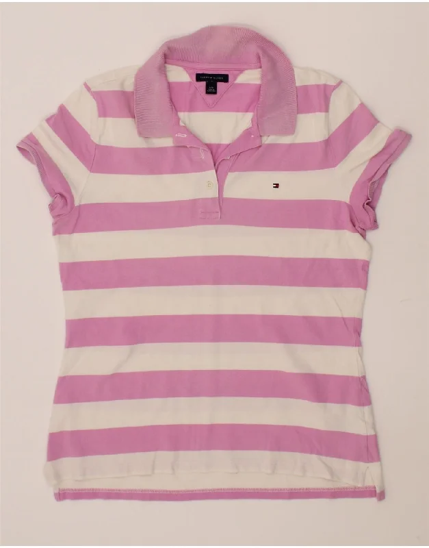 TOMMY HILFIGER Womens Polo Shirt UK 14 Large Pink Striped Cotton Elegant High-Low Short Shirt