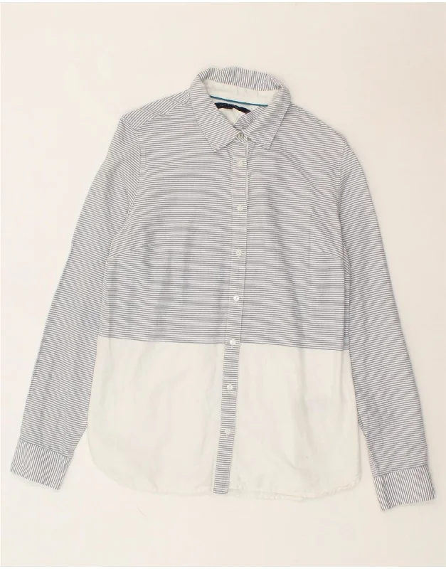 TOMMY HILFIGER Womens Shirt UK 12 Medium Grey Pinstripe Cotton Trendy Turtleneck Short Shirt