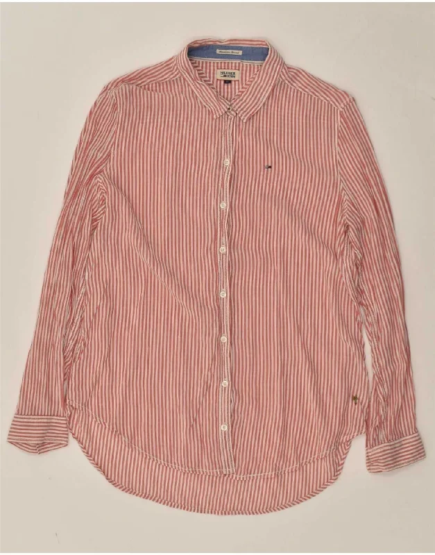 TOMMY HILFIGER Womens Shirt UK 18 XL Pink Pinstripe Classic Cropped Short Sleeve