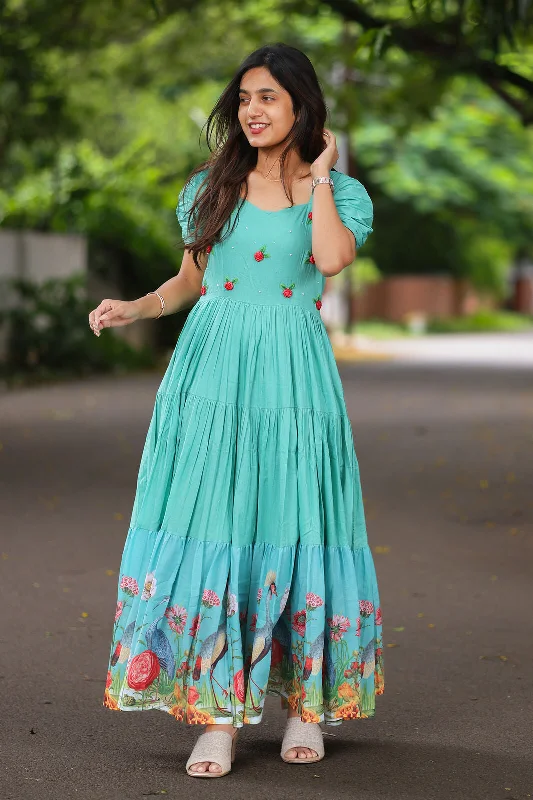 Turquoise blue hue Charm Midi Dress Fashionable Sheer Sleeve Midi Dress