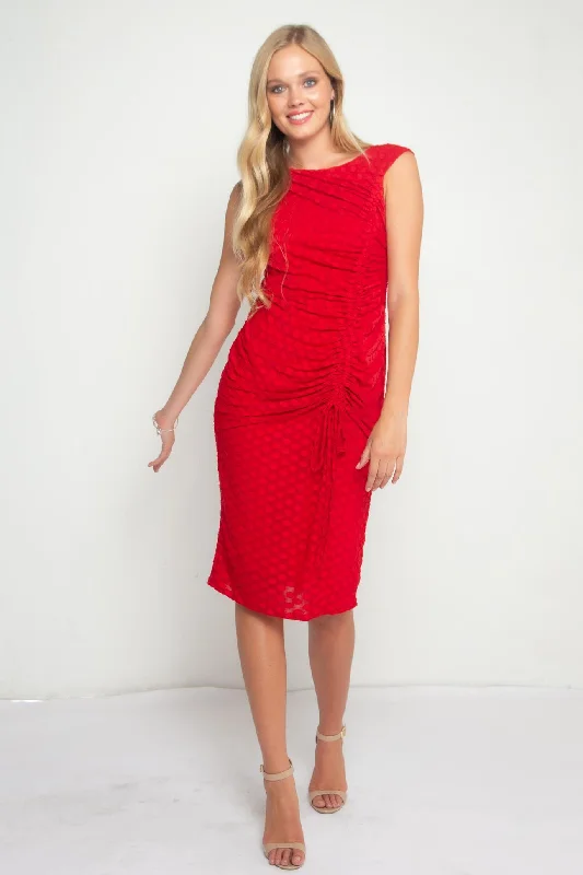 Urchin Cinched Midi Dress – Red Fashionable Chiffon Midi Dress