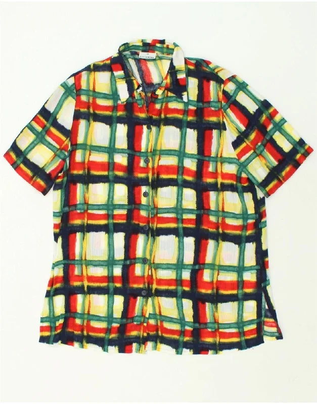 VINTAGE Womens Shirt Blouse EU 44 XL Multicoloured Check Viscose Trendy Turtleneck Short Shirt