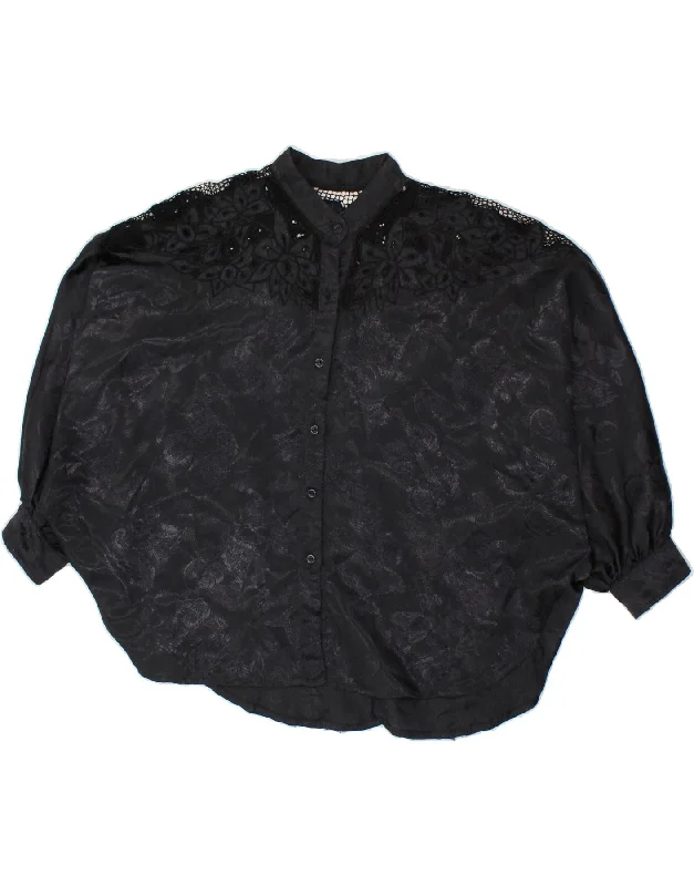 VINTAGE Womens Shirt Blouse One Size Black Paisley Cotton Modern Casual Short Sleeve