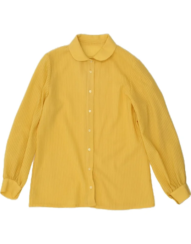 VINTAGE Womens Shirt Blouse UK 12 Medium Yellow Striped Polyester Chic Embellished Short Sleeve