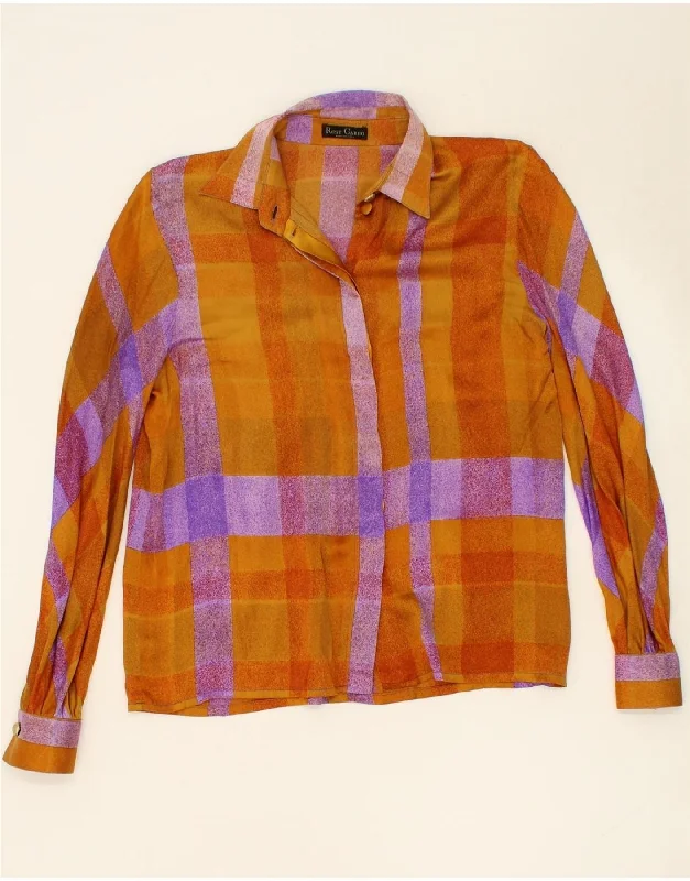 VINTAGE Womens Shirt Blouse UK 14 Medium Orange Check Soft Flowing Short Shirt