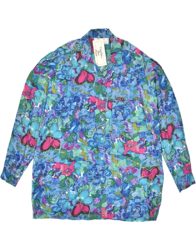 VINTAGE Womens Shirt Blouse UK 18 XL Blue Floral Cotton Stylish Split-Hem Short Shirt