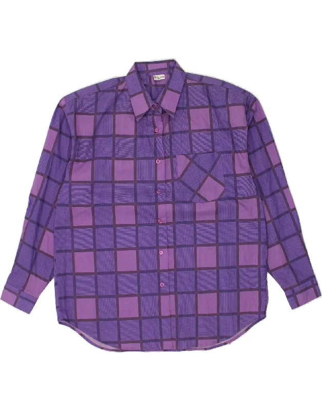 VINTAGE Womens Shirt EU 44/46 XL Purple Check Cotton Classic Basic Short Shirt