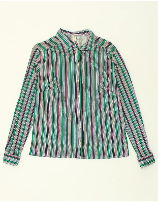 VINTAGE Womens Shirt IT 46 Large Green Striped Cotton Casual Boxy Short Shirt