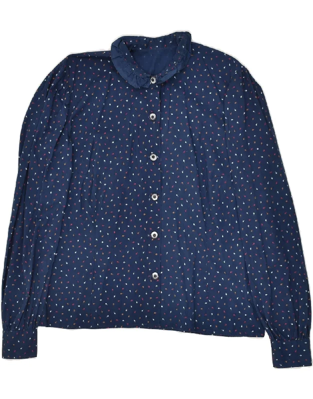 VINTAGE Womens Shirt UK 14 Large Navy Blue Spotted Relaxed Fit Short Blouse