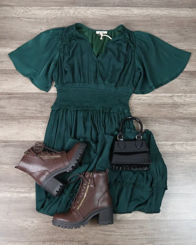 Whitney Washed Satin Ruffled Smocked Bodice Midi Dress in Hunter Green Fashionable Wide Leg Midi Dress