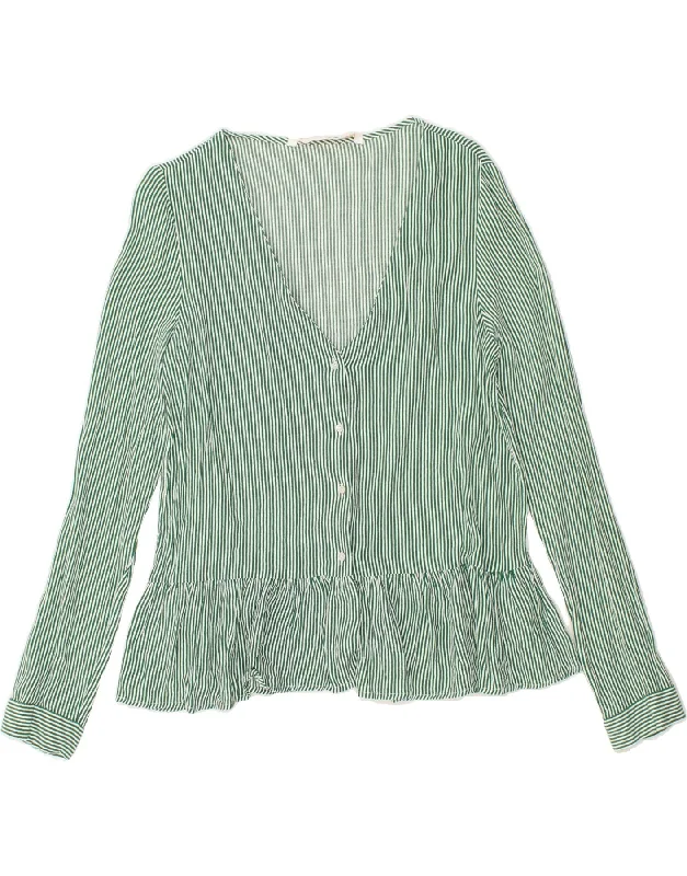 ZARA Womens Shirt Blouse UK 16 Large Green Striped Viscose Cozy Loose Fit Short Sleeve