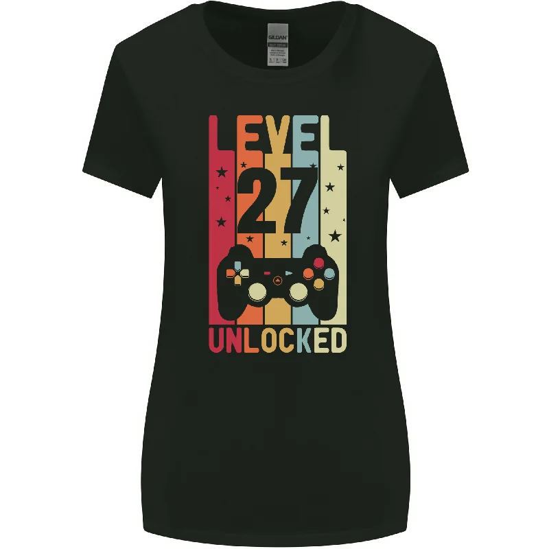 27th Birthday 27 Year Old Level Up Gaming Womens Wider Cut T-Shirt Hooded Caped Shawl Collar