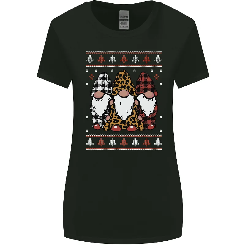 3 Christmas Gnomes Wearing Pajamas Xmas Womens Wider Cut T-Shirt Print Jacquard Patchwork