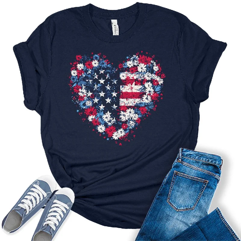 Womens 4th of July Heart Shirt American Flag T-Shirt Patriotic Graphic Tees for Women Chenille Blend Fleece Blend Nylon Blend