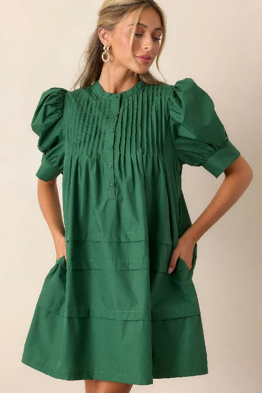 About The World Green Puff Sleeve Mini Dress Casual High-Waist Mini Dress