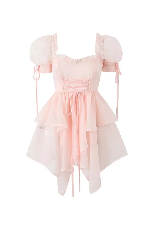 Asymmetric Bow Tie Puff Sleeve Lace Up Organza Summer Ruffle Tiered Mini Dress Comfortable Off-Shoulder Mini Dress