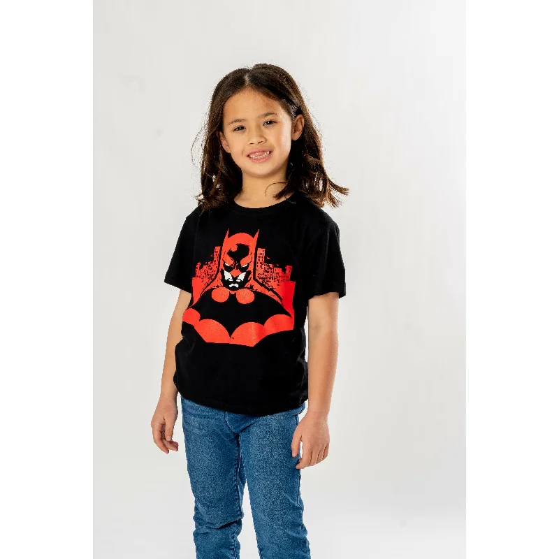 Batman Kids Black Gotham Skyline T-Shirt DC Striped Floral Plaid