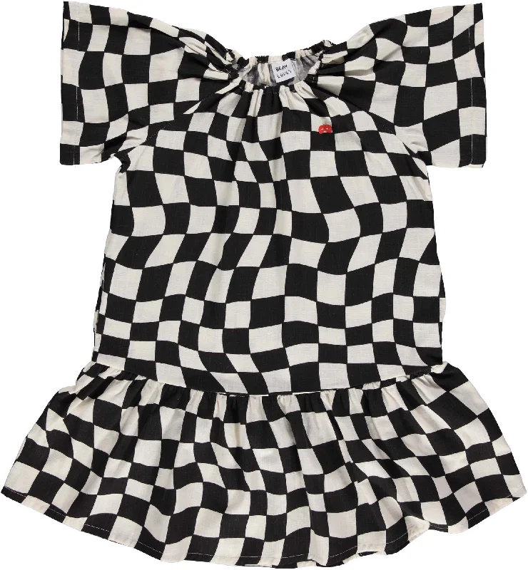 BEAU LOVES BLACK CHECK MIDI DRESS Trendy Ruffle Hem Midi Dress