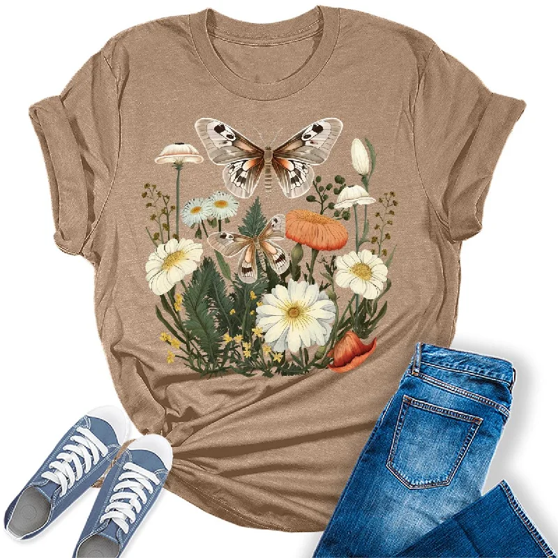 Beautiful Flower Butterfly Graphic Tees for Women Welt Pockets Slit Pockets Flap Pockets