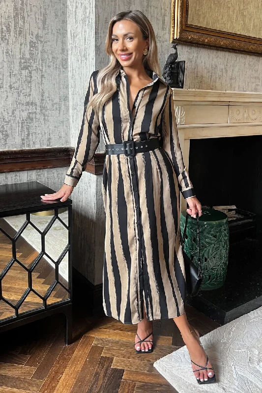 Beige Striped Print Button Front Belted Shirt Midi Dress Stylish Silk Midi Dress