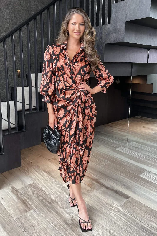 Black Abstract Print 3/4 Sleeved Tie Waist Midi Dress Stylish Color Block Midi Dress