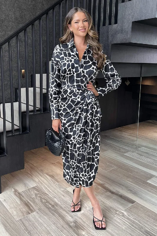 Black And White Giraffe Print Side Tie Waist Wrap Midi Dress Elegant Floral Appliqué Midi Dress