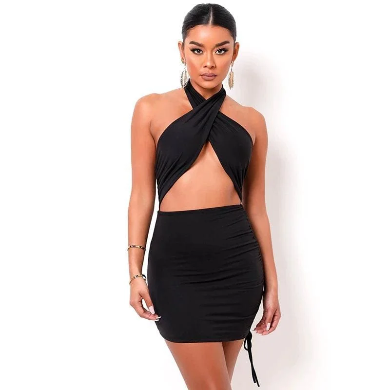 Black Halter Wrap Ruched Cutout Mini Dress Cozy Jersey Mini Dress