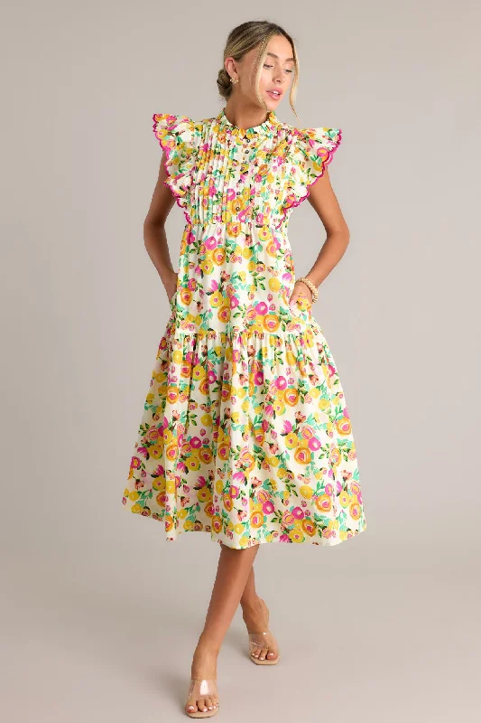 Blossoming Love 100% Cotton Yellow Floral Midi Dress Fashionable Pleated Midi Dress