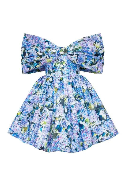 Blue Hydrangea bow-detailed mini dress Stylish Puff Sleeve Mini Dress