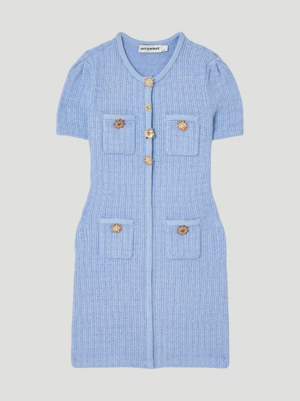 Blue Jewel Button Knit Mini Dress Cozy Knitted Mini Dress