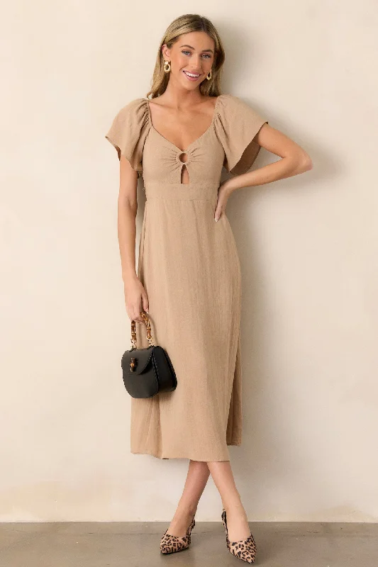 Boho Beauty Tan Puff Sleeve Midi Dress Fashionable Polka Dot Midi Dress