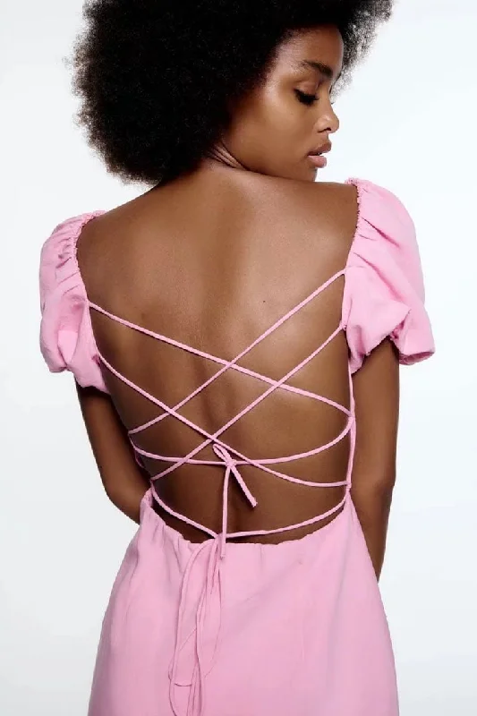 Breezy Ruched Square Neck Puff Sleeve Lace Up Back Party Mini Dress - Pink Chic Puff Sleeve Mini Dress