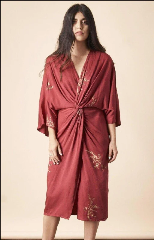 Cherry Blossom Twisted Midi Dress in Raspberry + Gold Fashionable Plaid Midi Dress