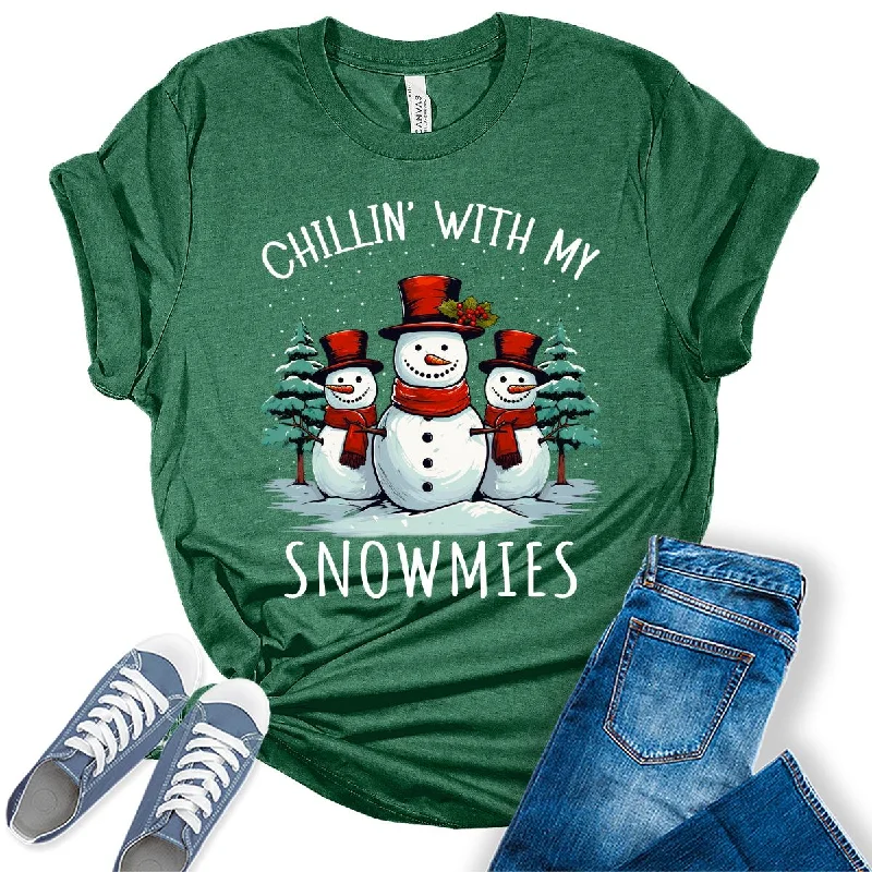 Chillin' With My Snowmies Snowman Funny Womens Christmas T-shirt Knit Fabric Woven Fabric Fleece Fabric