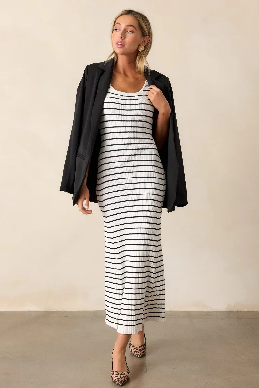 Classic Rhythm White Stripe Ribbed Midi Dress Elegant Satin Midi Dress