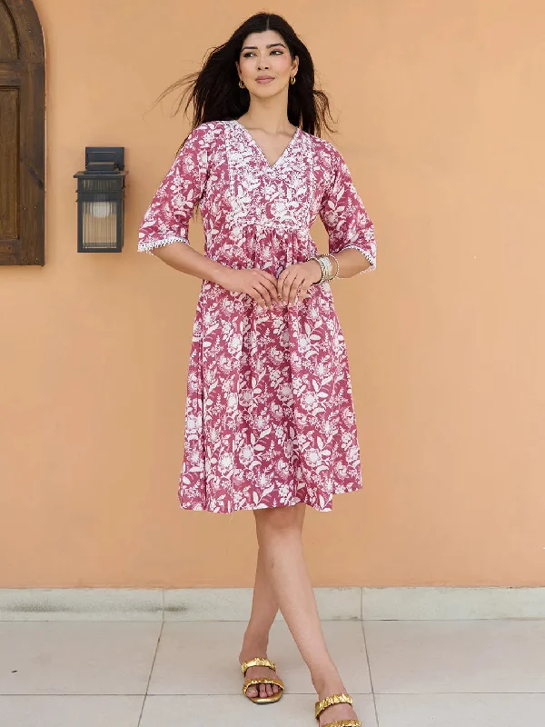 Coral Printed Cotton A-Line Midi Dress Fashionable Shift Midi Dress