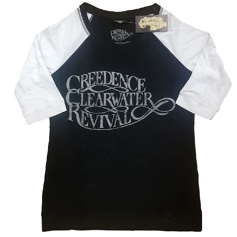 Creedence Clearwater Revival Ladies Raglan T-Shirt: Vintage Logo Rayon Velvet Corduroy